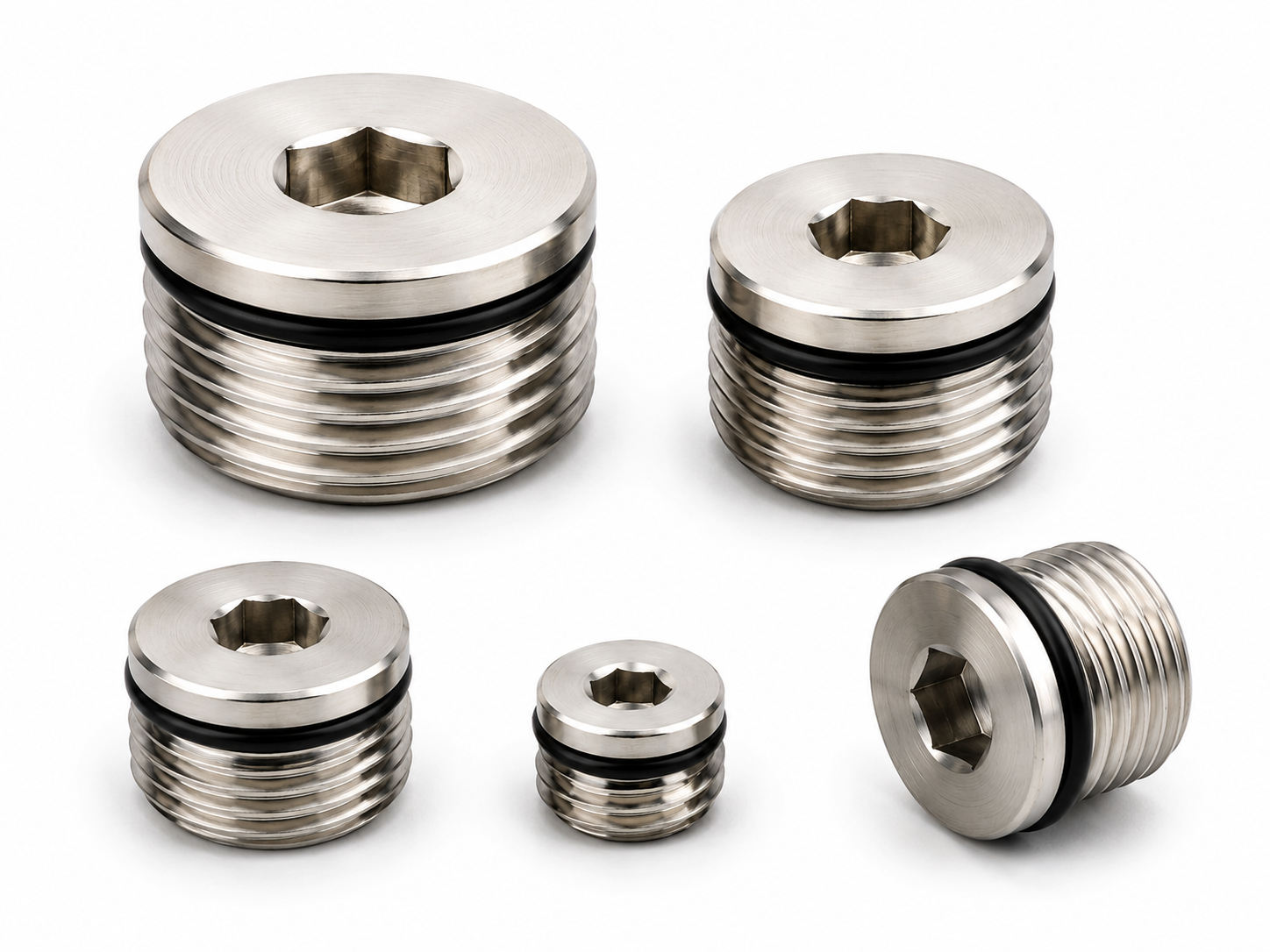 Five stainless steel threaded fill plugs with O-ring seals and socket drives