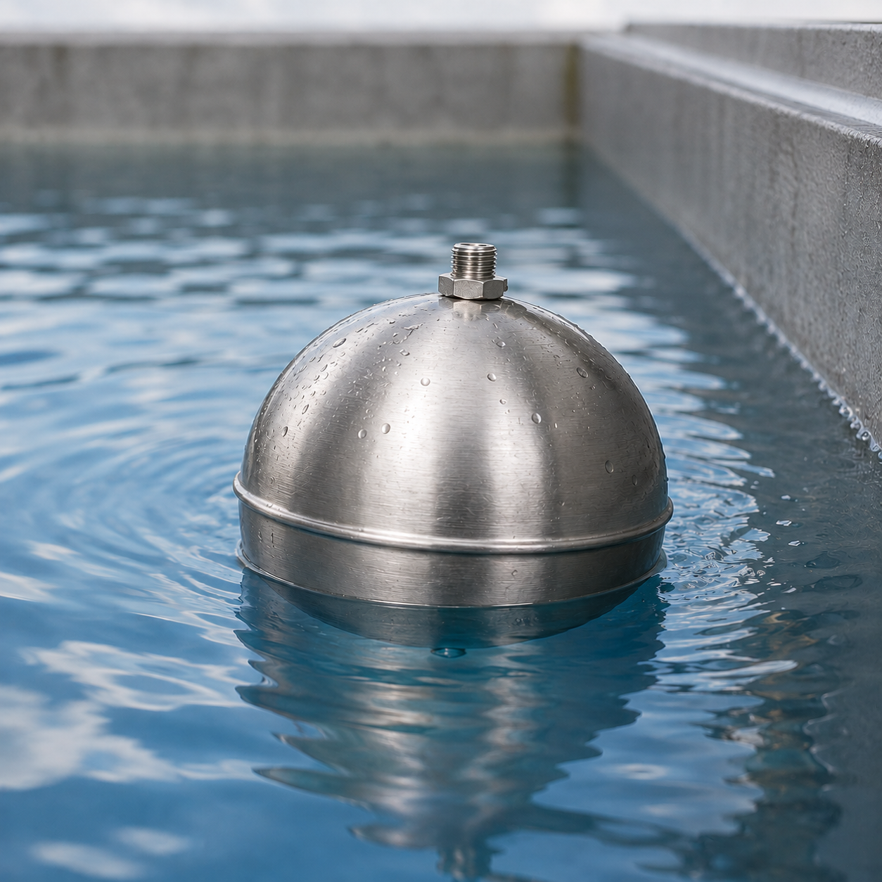 Brushed matte-finish stainless steel float ball floating in blue water