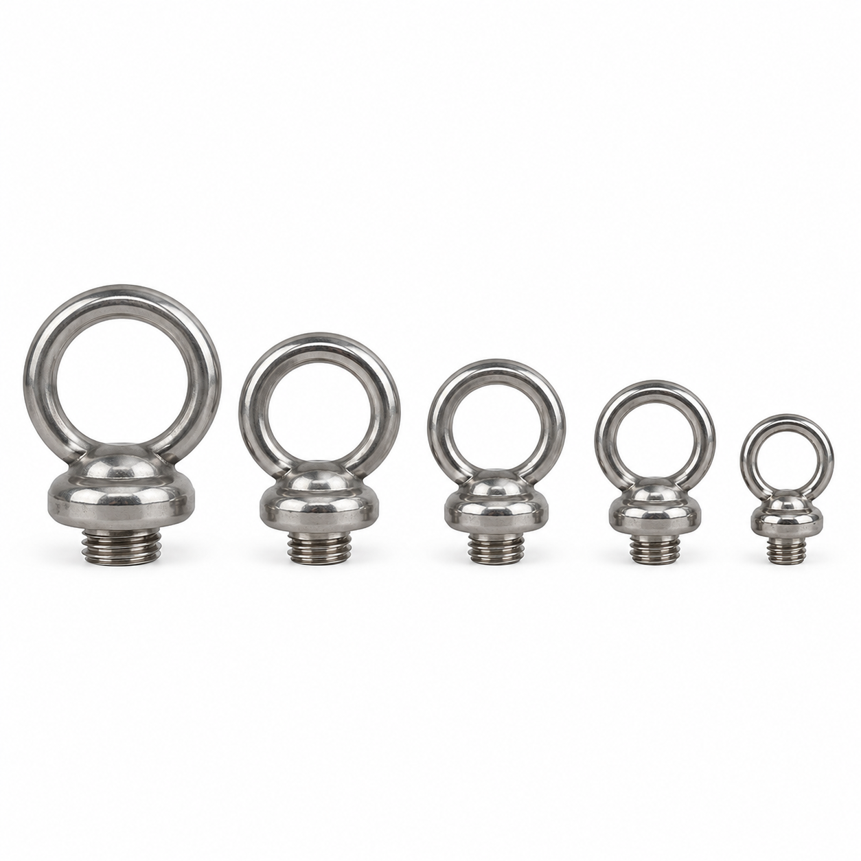 Five stainless steel threaded ring fittings for float balls, shown in decreasing sizes