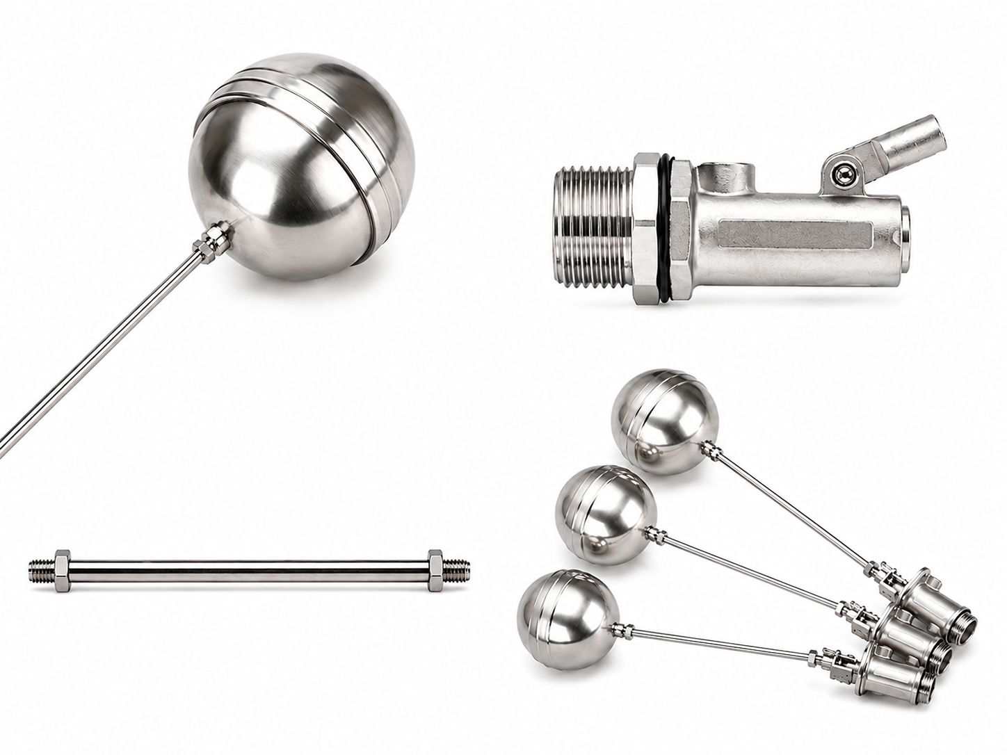 Stainless steel float valve stem and lever parts — float ball on a stem, threaded valve body, stem rod and complete assemblies