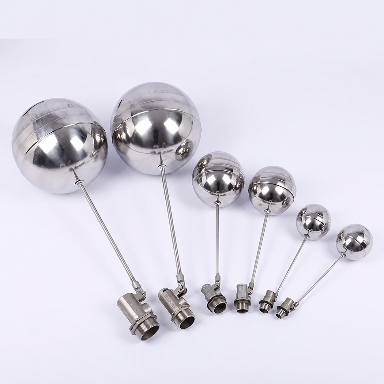 Stainless steel threaded float ball valve assemblies in six sizes