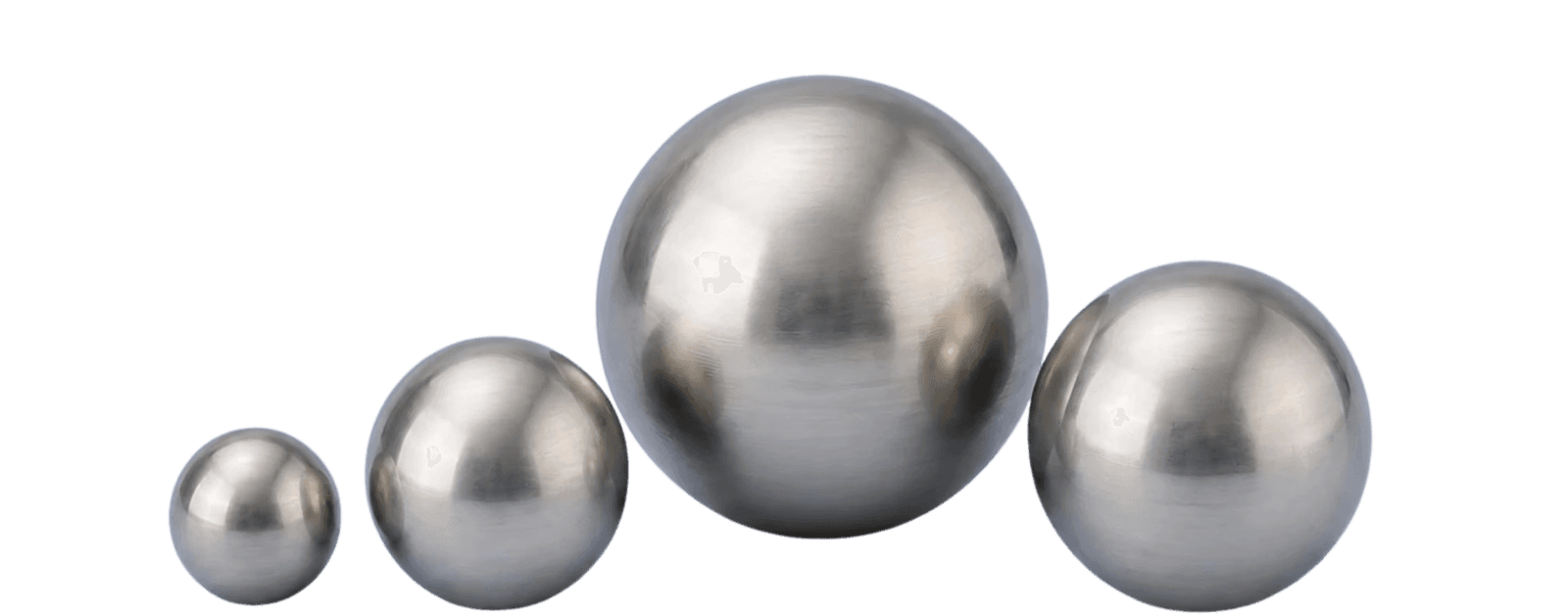 Four stainless steel float balls in ascending diameters, showing the standard size range