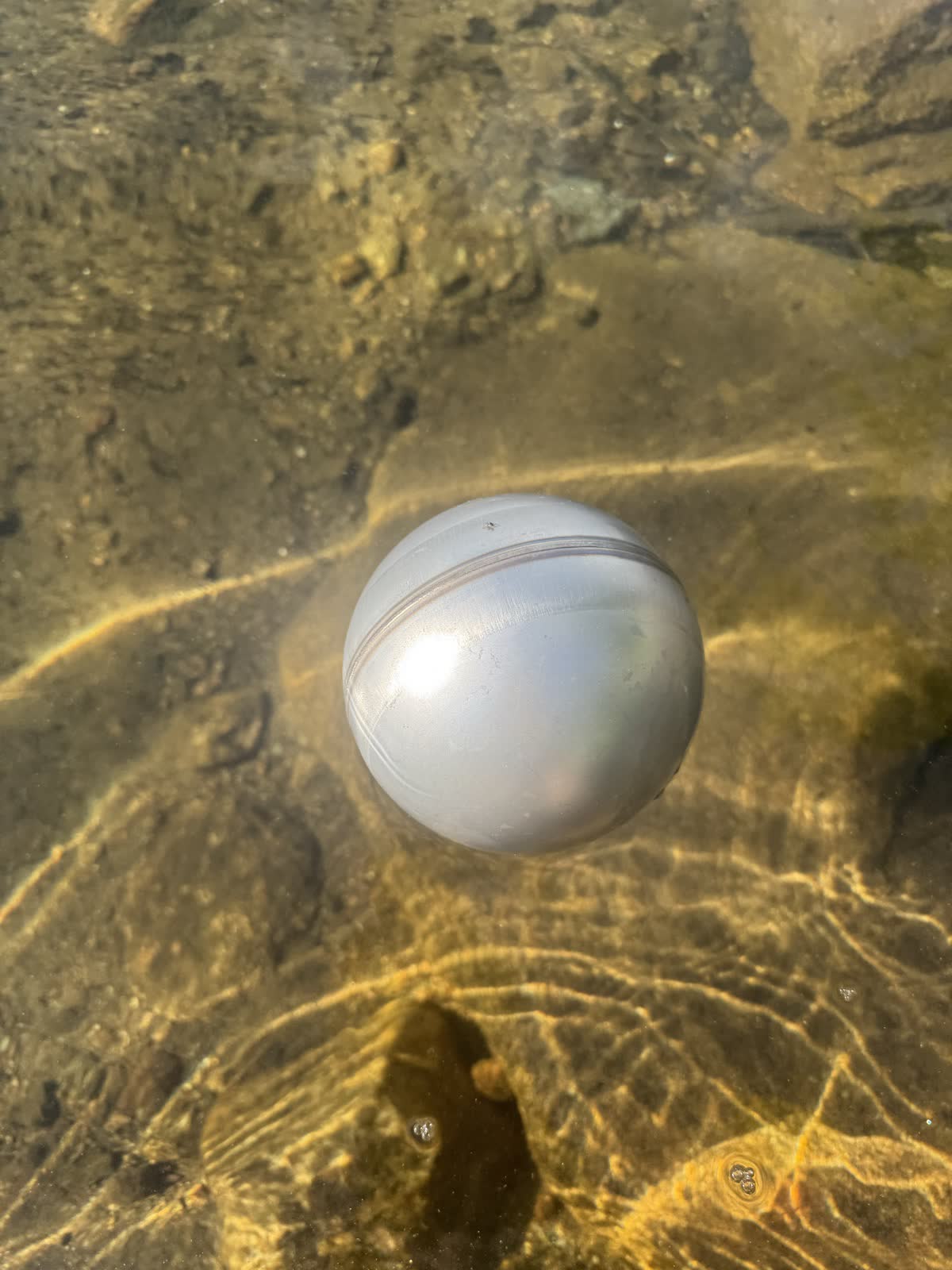 Stainless steel float ball resting in a clear stream with sunlit ripples