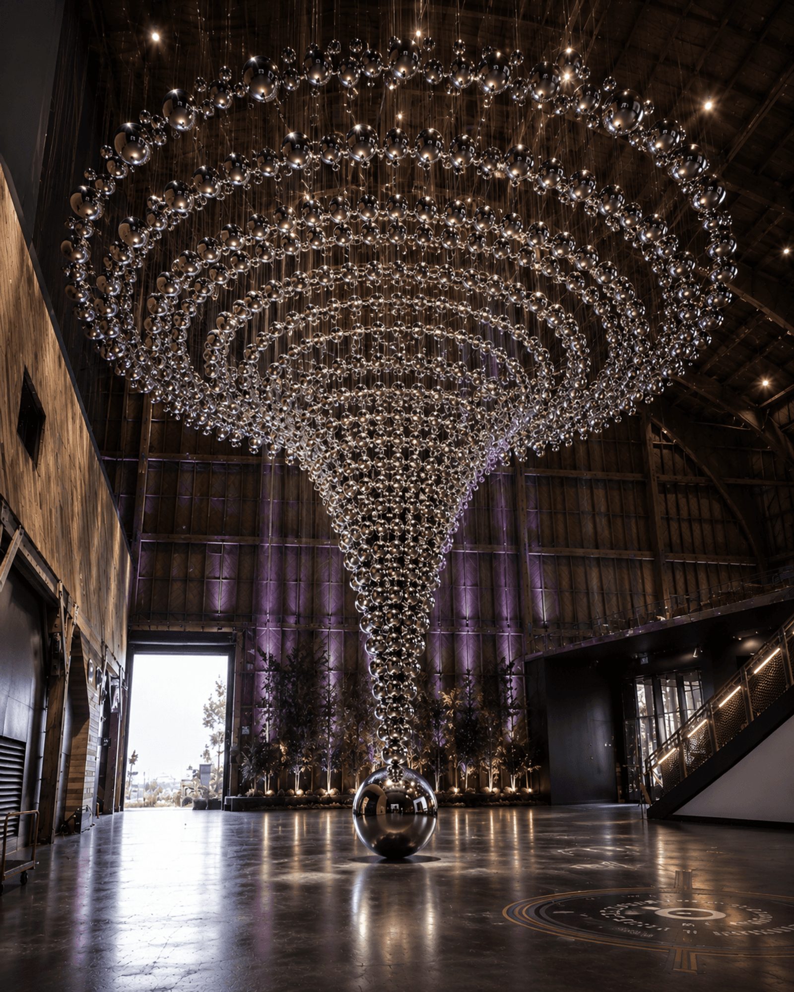 Large-scale art installation built from hundreds of polished stainless steel float balls
